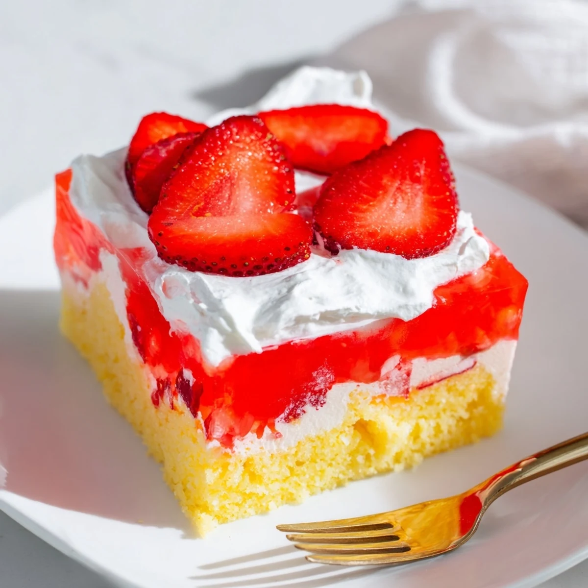 Refreshing strawberry gelatin cake with layers of moist cake, red gelatin, and white whipped topping