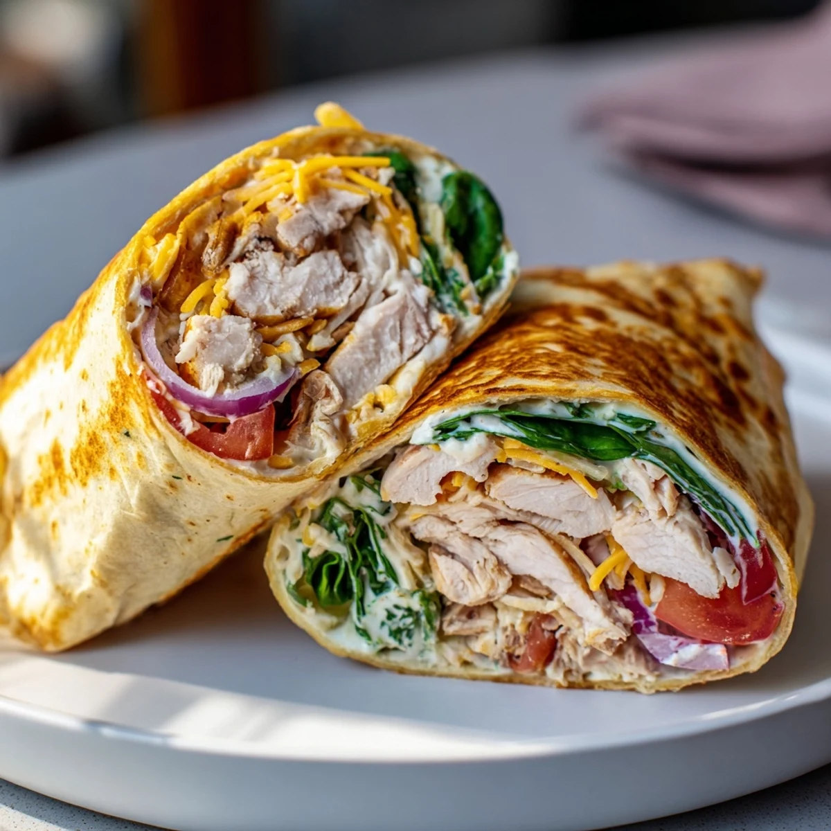 Warm Cheesy Garlic Chicken Wraps sliced, melty cheese oozing, served with greens