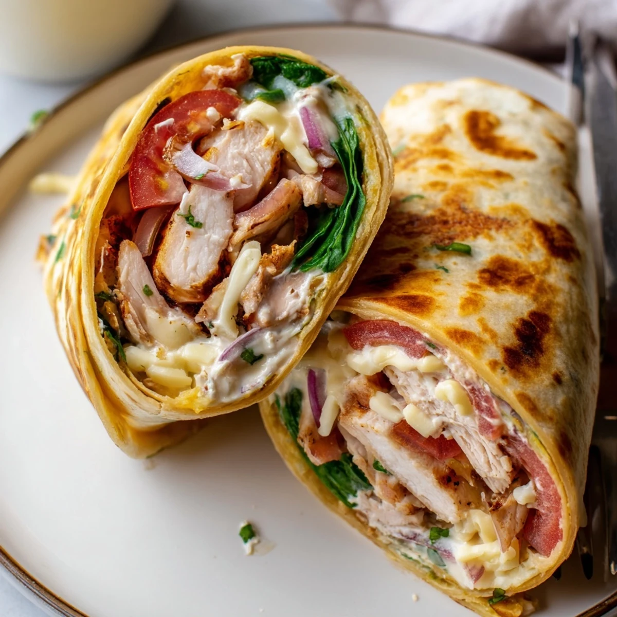 Stack of Cheesy Garlic Chicken Wraps, garlicky cheesy spread peeking from ends