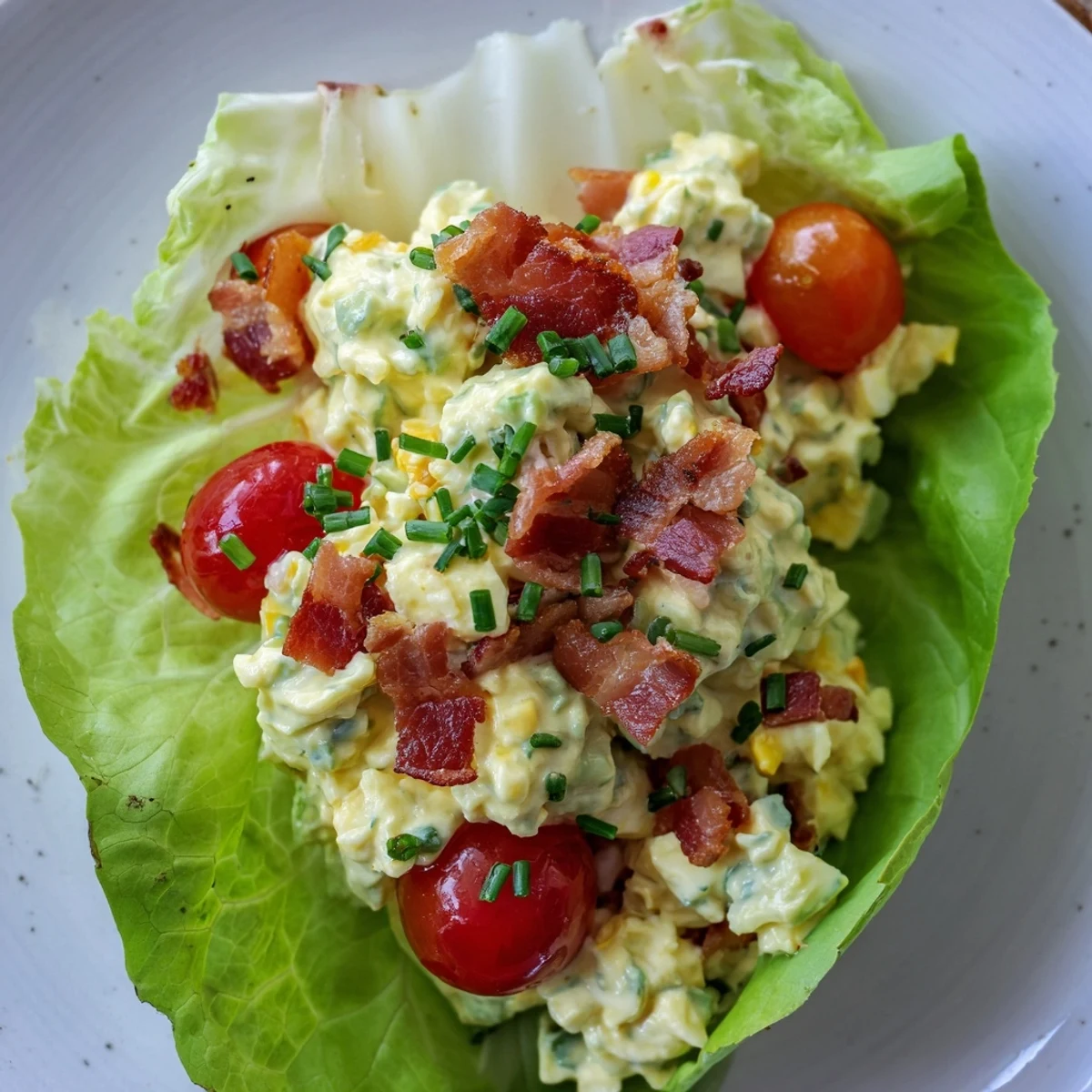 Creamy egg salad with crispy bacon and cherry tomatoes in fresh butter lettuce wraps