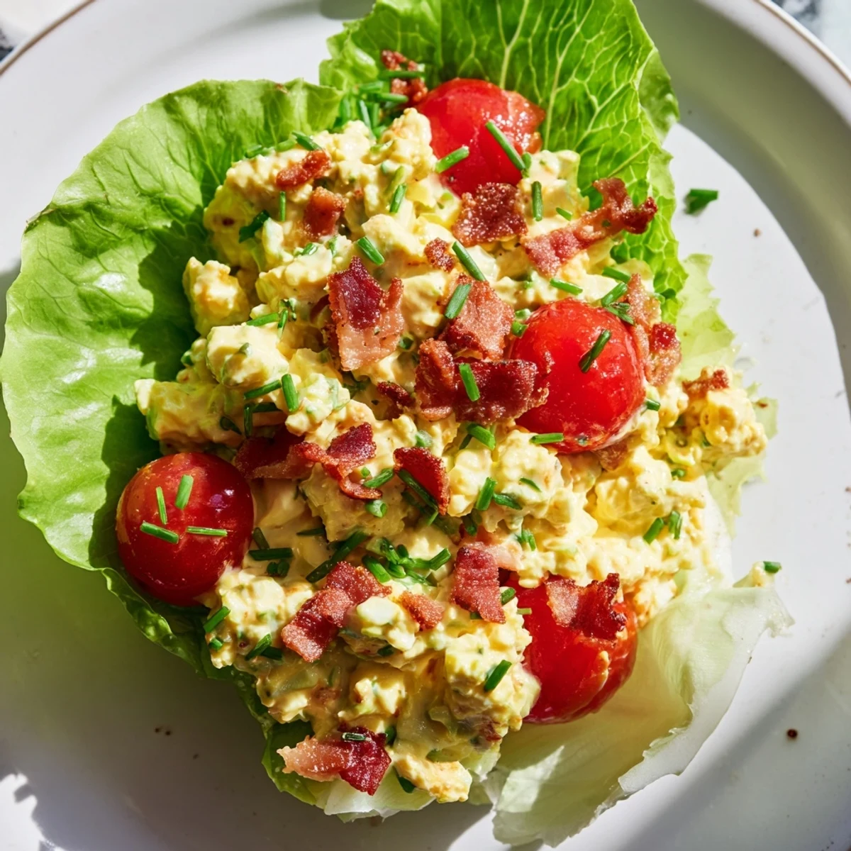 Low carb BLT egg salad wraps featuring crisp lettuce leaves filled with creamy protein-packed mixture