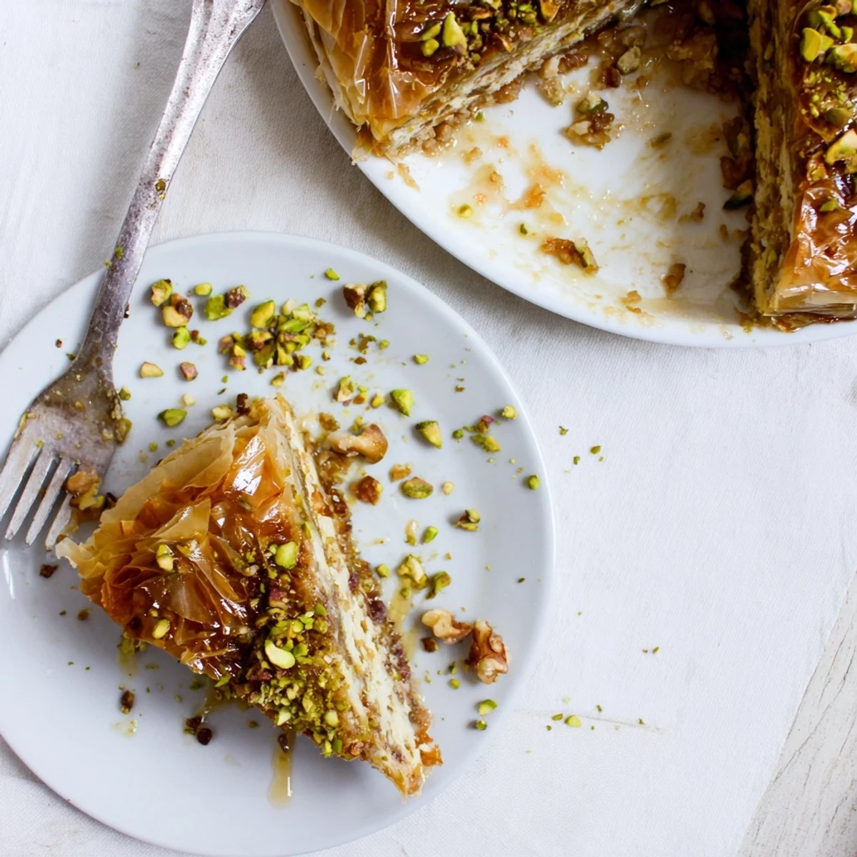 Creamy pistachio baklava cheesecake topped with golden honey syrup and crunchy chopped nuts