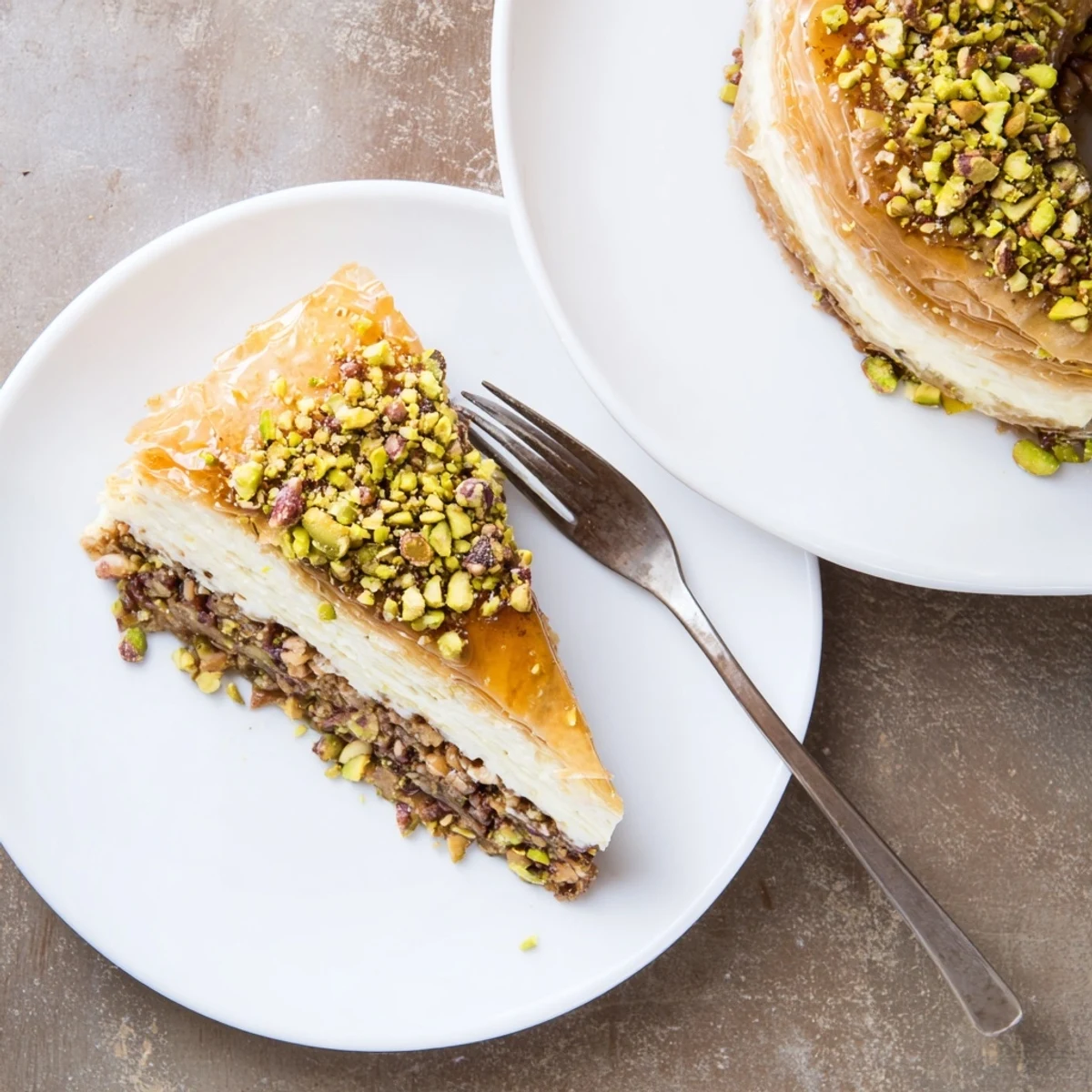 Golden pistachio baklava cheesecake drizzled with sweet honey syrup and sprinkled with green nuts