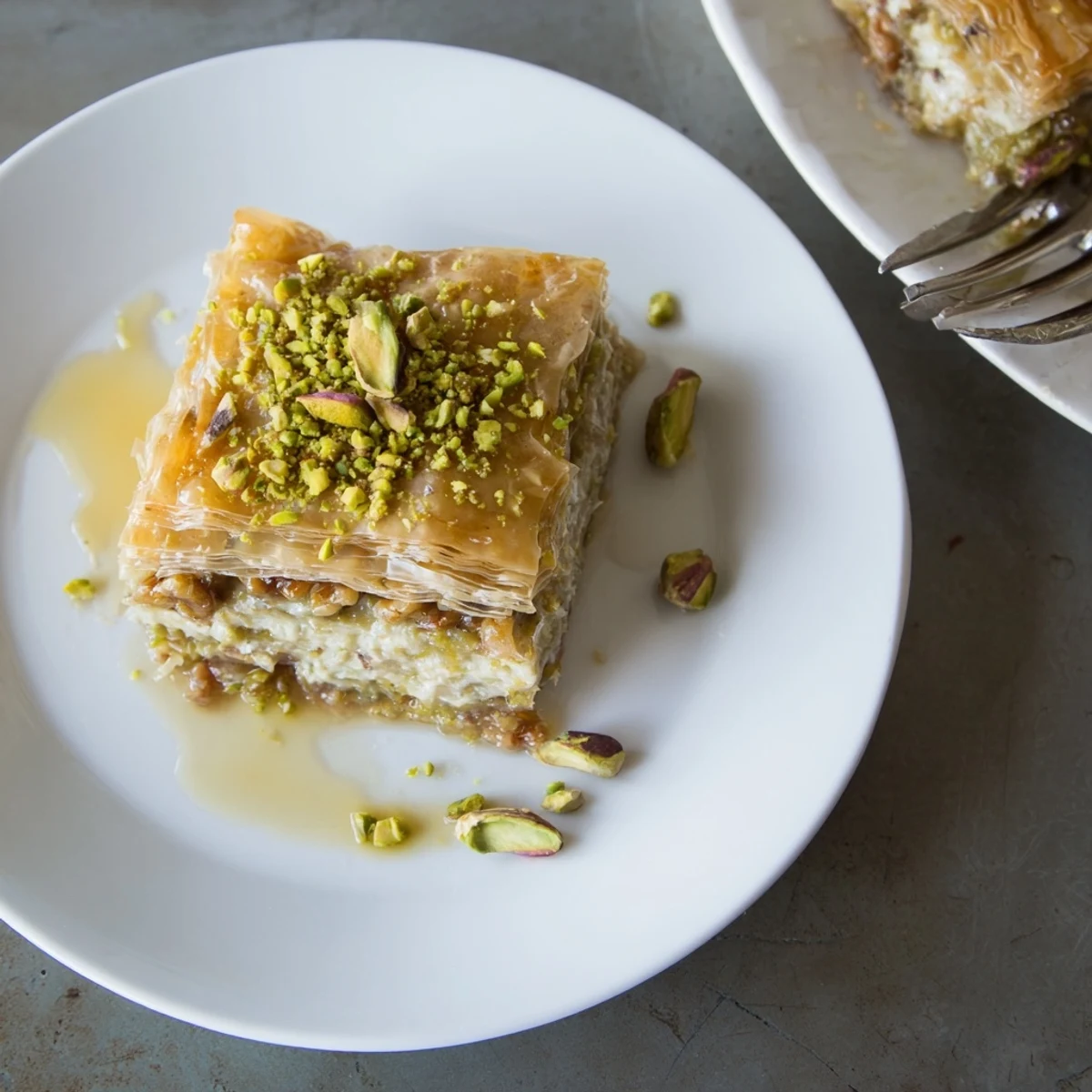 Slice of fusion pistachio baklava cheesecake showcasing buttery phyllo layers beneath smooth vanilla filling