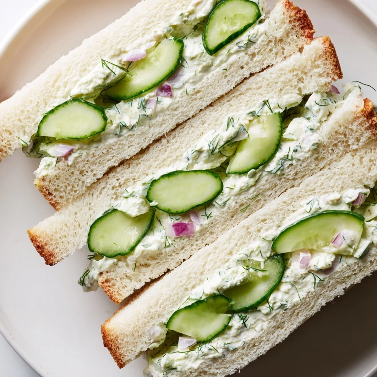 Crisp cucumber salad sandwiches featuring creamy herbed cheese spread on soft white bread, cut into petite triangles for elegant tea time serving