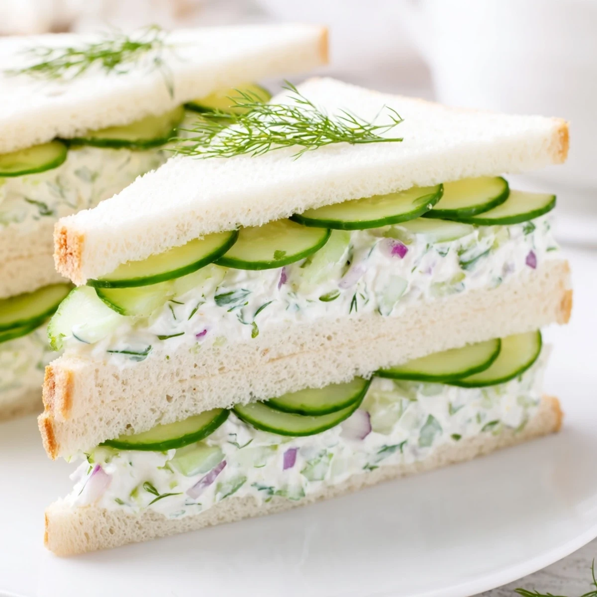 Fresh cucumber salad sandwiches stacked with thinly sliced cucumbers and tangy cream cheese mixture on crustless bread, perfect light lunch or afternoon snack