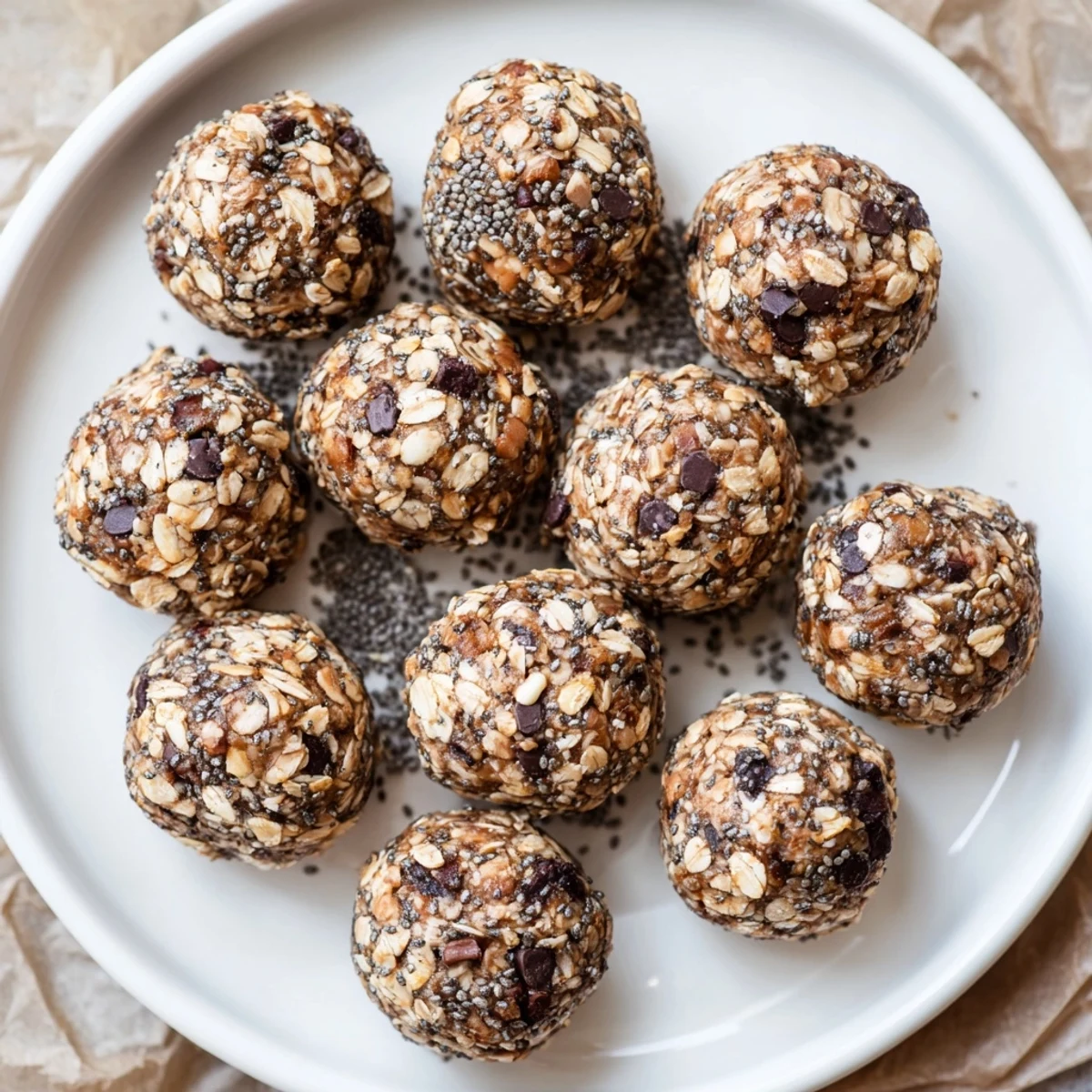 Homemade banana bread energy balls rolled in chopped walnuts with dark chocolate chips
