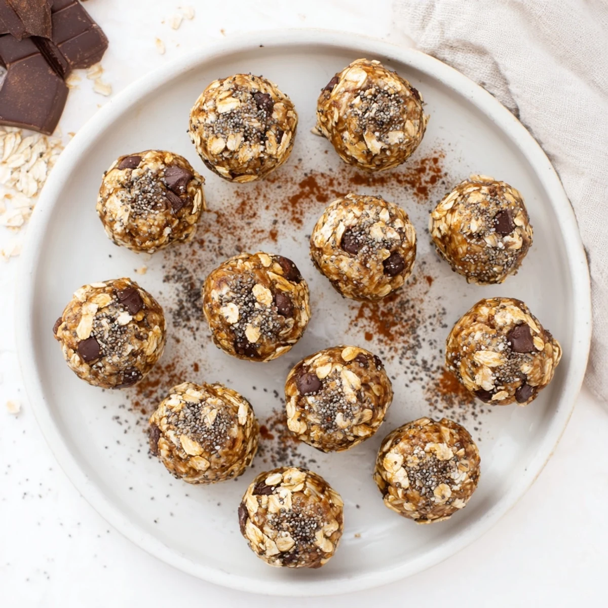 No-bake banana bread energy balls topped with cinnamon and oat coating on white plate