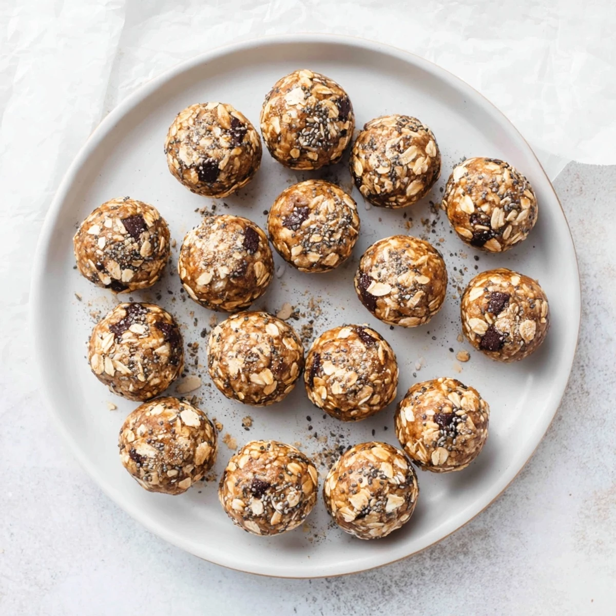 Bite-sized banana bread energy balls with gooey chocolate chunks and pecans on wooden board
