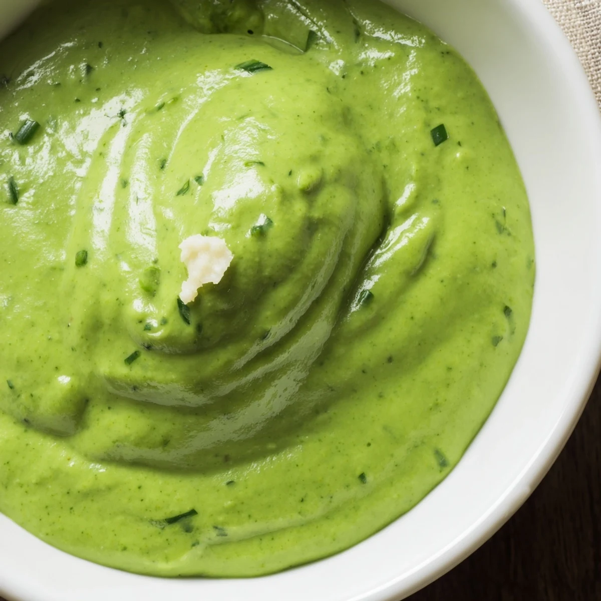 Creamy Peruvian green sauce aji verde drizzled over roasted chicken in a serving bowl