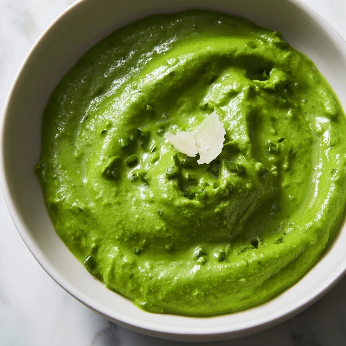 Fresh blended Peruvian green sauce aji verde displayed in white rameck with herbs visible