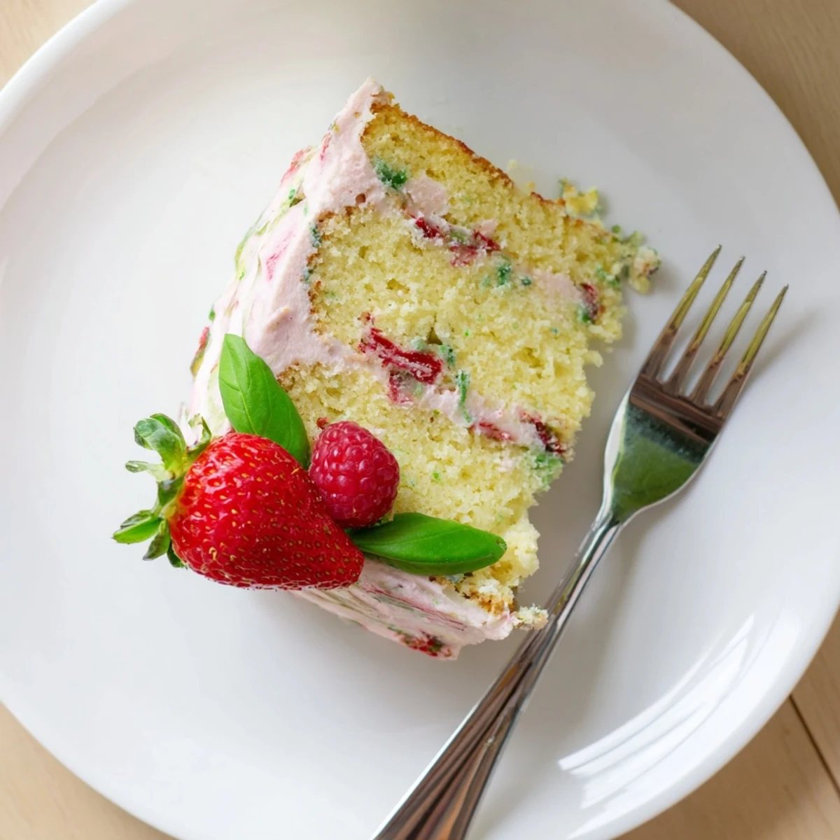 Fluffy basil berry cake with layers of sweet strawberries, raspberries, and blueberries speckled with green basil