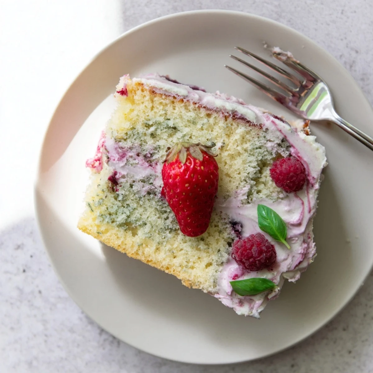 Elegant basil berry cake dessert decorated with vibrant fresh berries and delicate basil leaves for summer serving