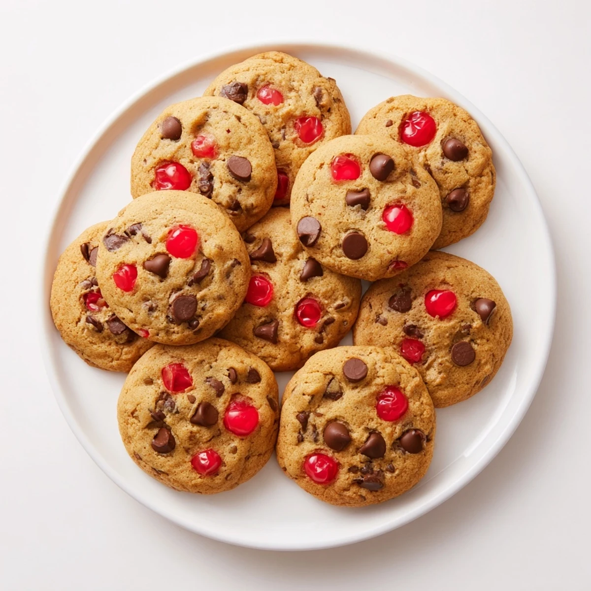 Golden brown maraschino cherry chocolate chip cookies with vibrant red cherry pieces and melted chocolate chips on a white baking sheet