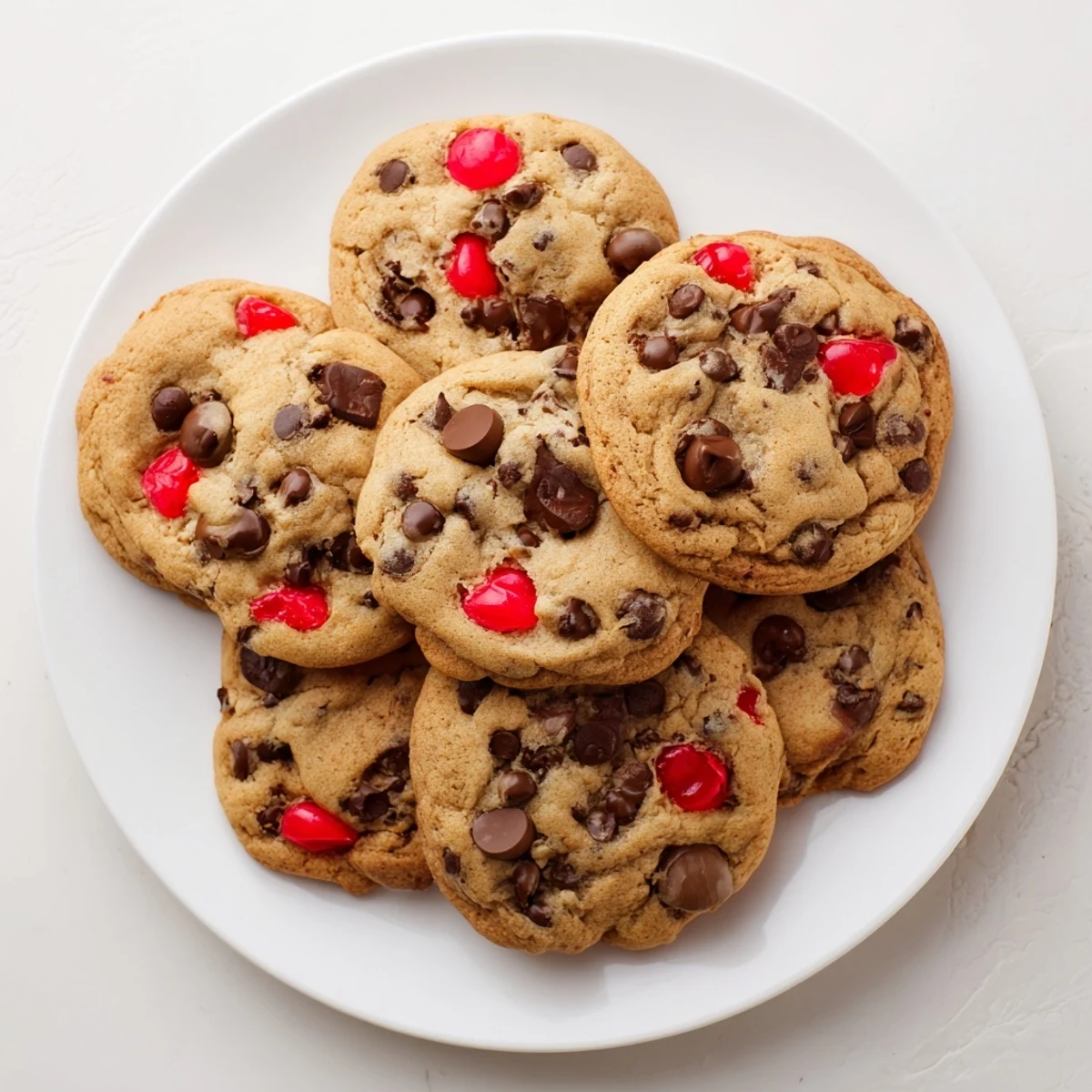 Freshly baked maraschino cherry chocolate chip cookies stacked on a wire rack, showing soft centers with colorful cherry chunks throughout