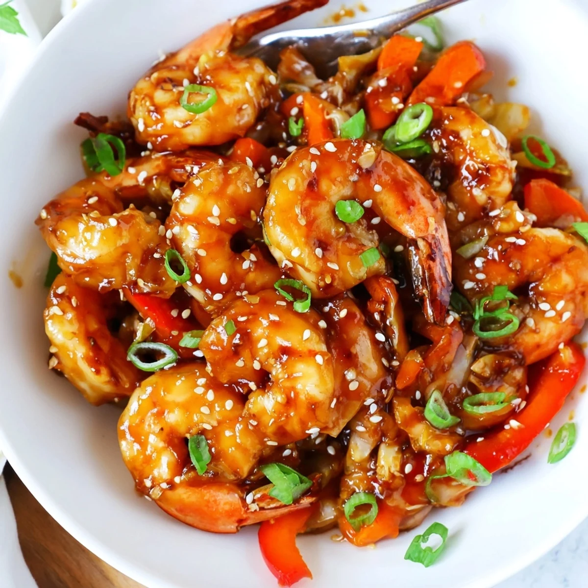 Delicious Asian Shrimp And Cabbage Stir Fry sizzling in wok, vibrant peppers and garlic