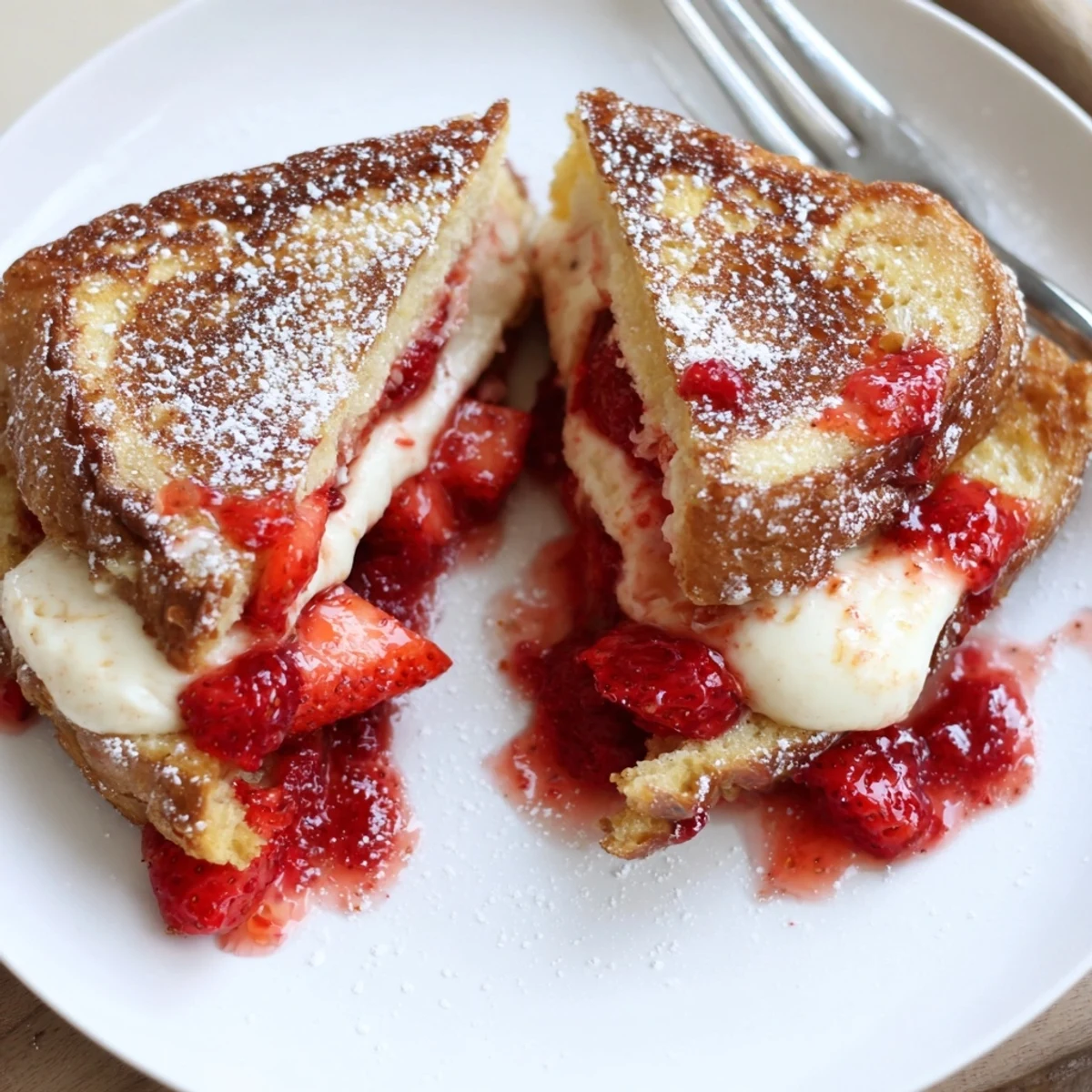 Cream Cheese Stuffed French Toast With Strawberry Drizzle, golden slices steaming on plate