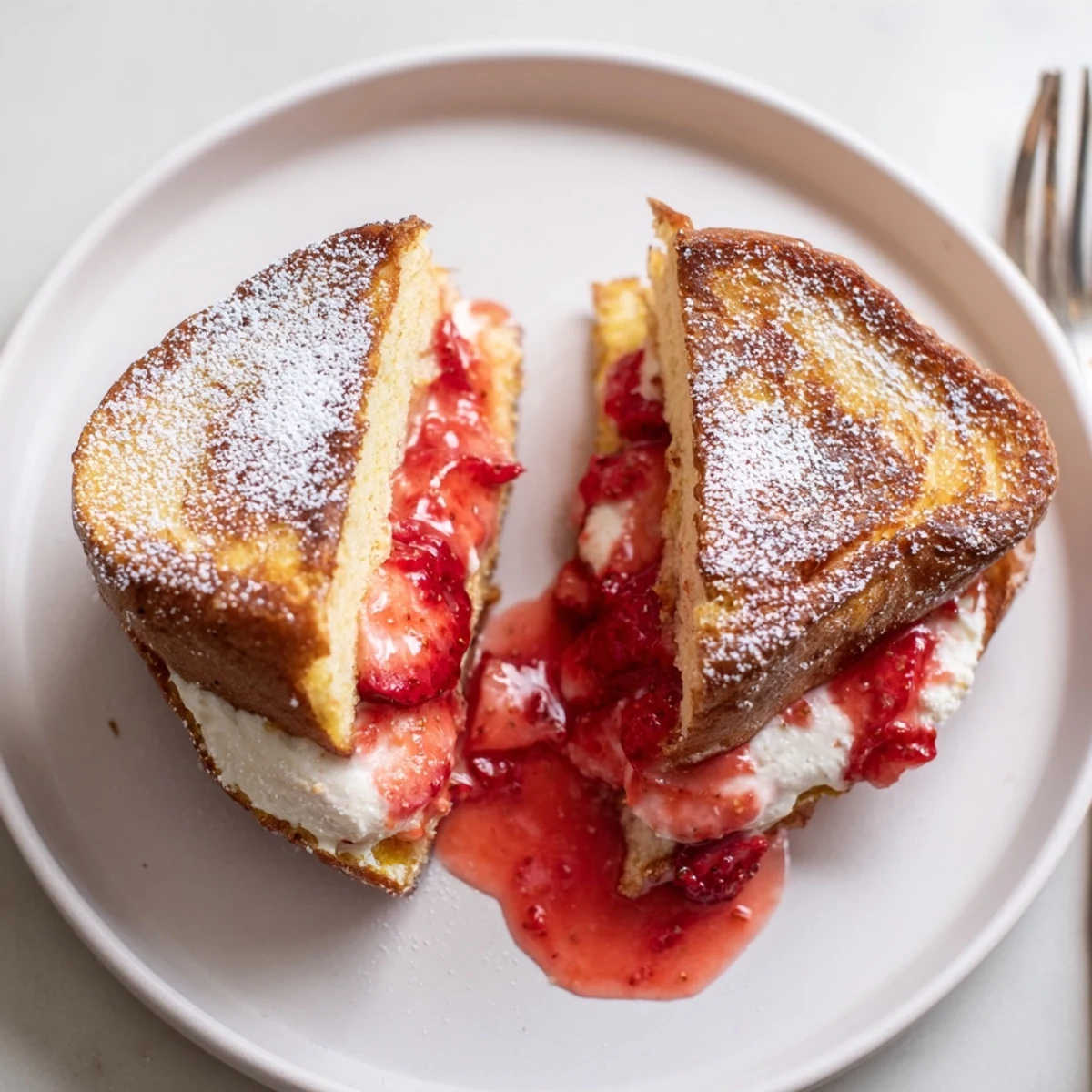 Cream Cheese Stuffed French Toast With Strawberry Drizzle, buttery brioche topped with powdered sugar