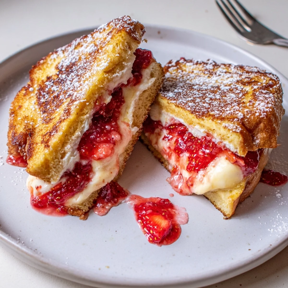 A fork slicing Cream Cheese Stuffed French Toast With Strawberry Drizzle, creamy center