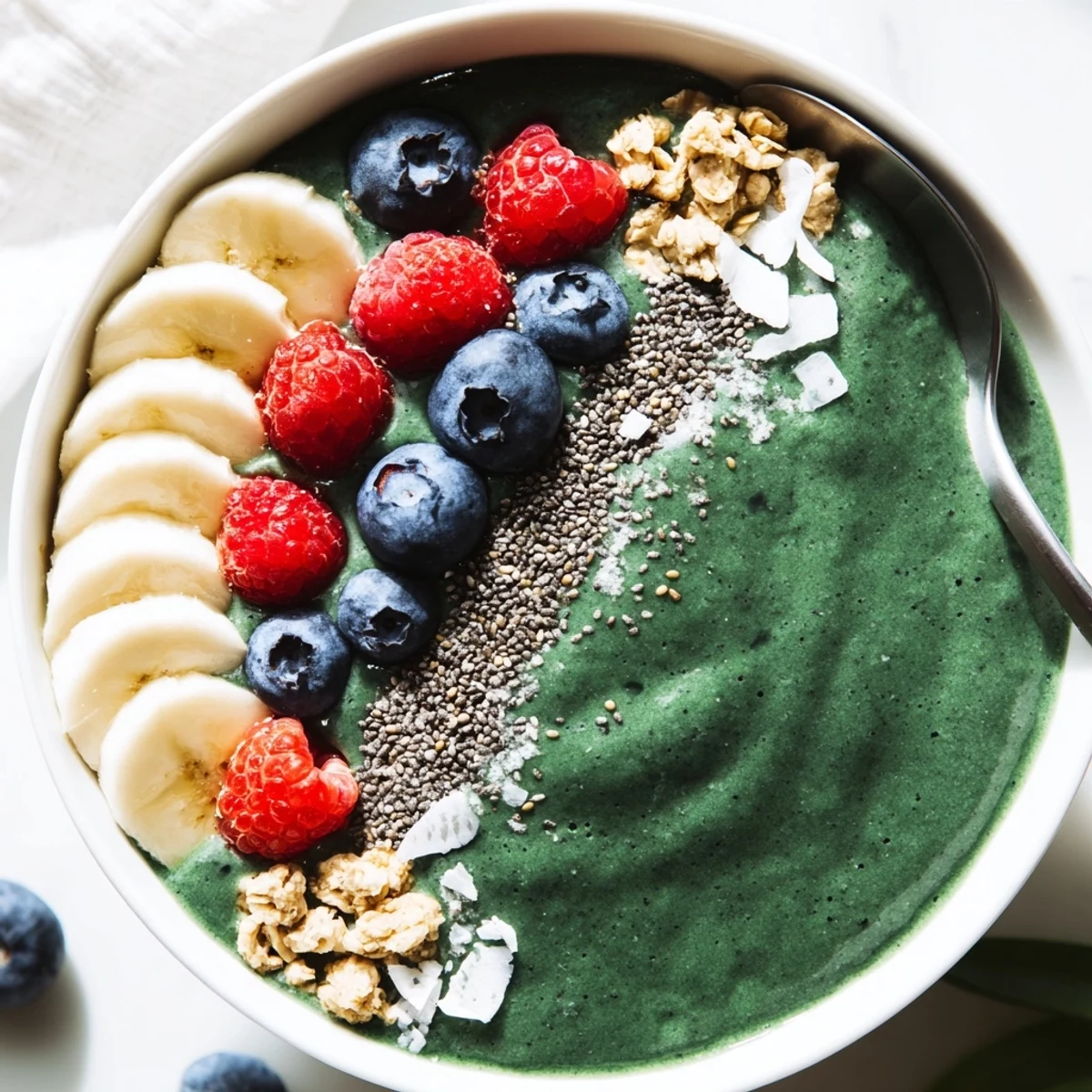 Creamy Green Smoothie Bowl with Spirulina, Banana & Hemp Seeds, finished with crunchy granola
