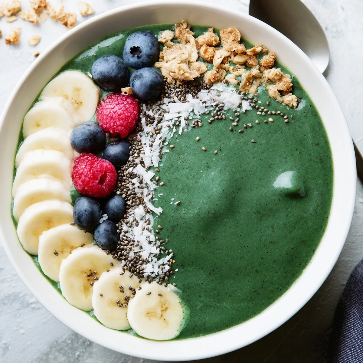 Green Smoothie Bowl with Spirulina, Banana & Hemp Seeds, topped with juicy berries