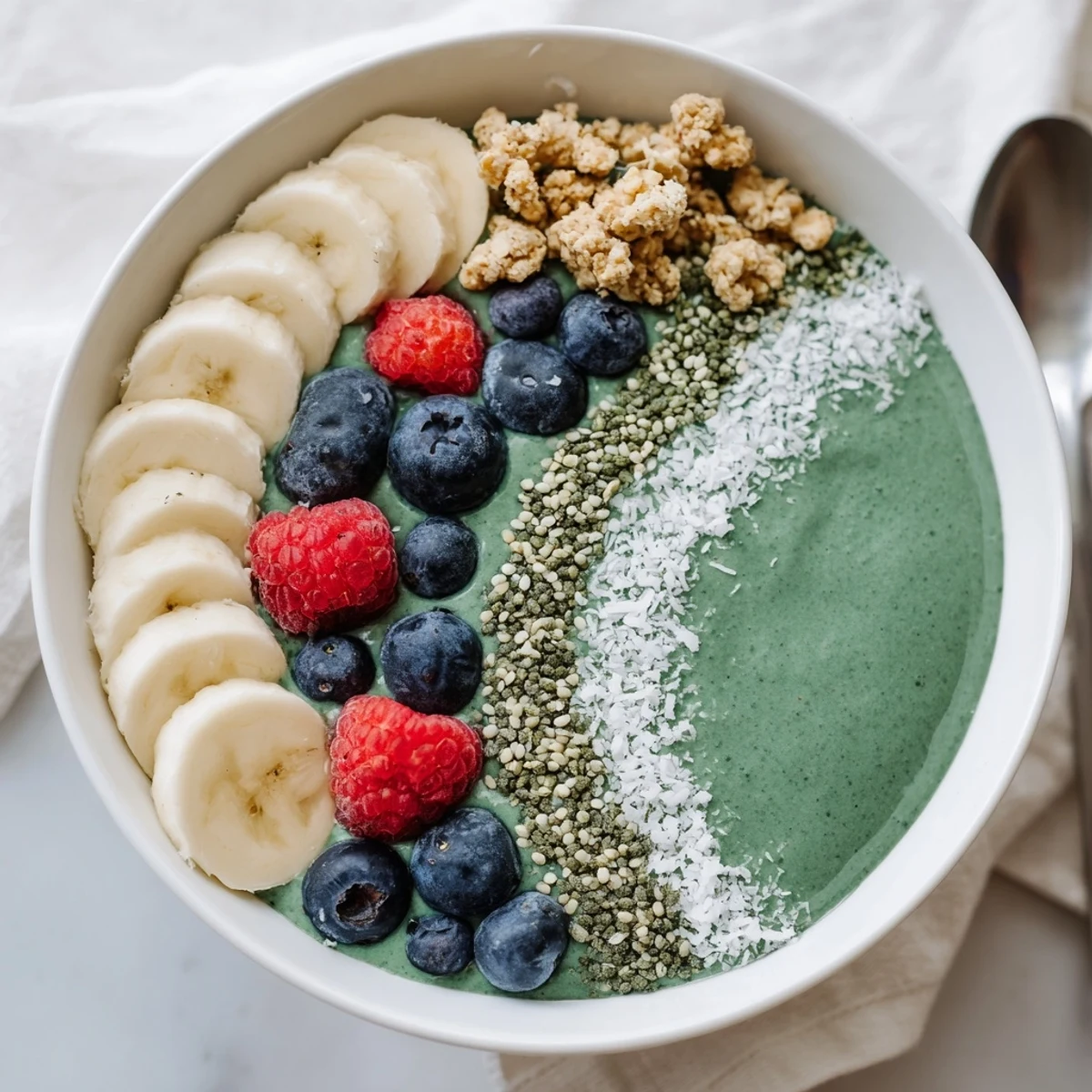 Bright Green Smoothie Bowl with Spirulina, Banana & Hemp Seeds served chilled for breakfast