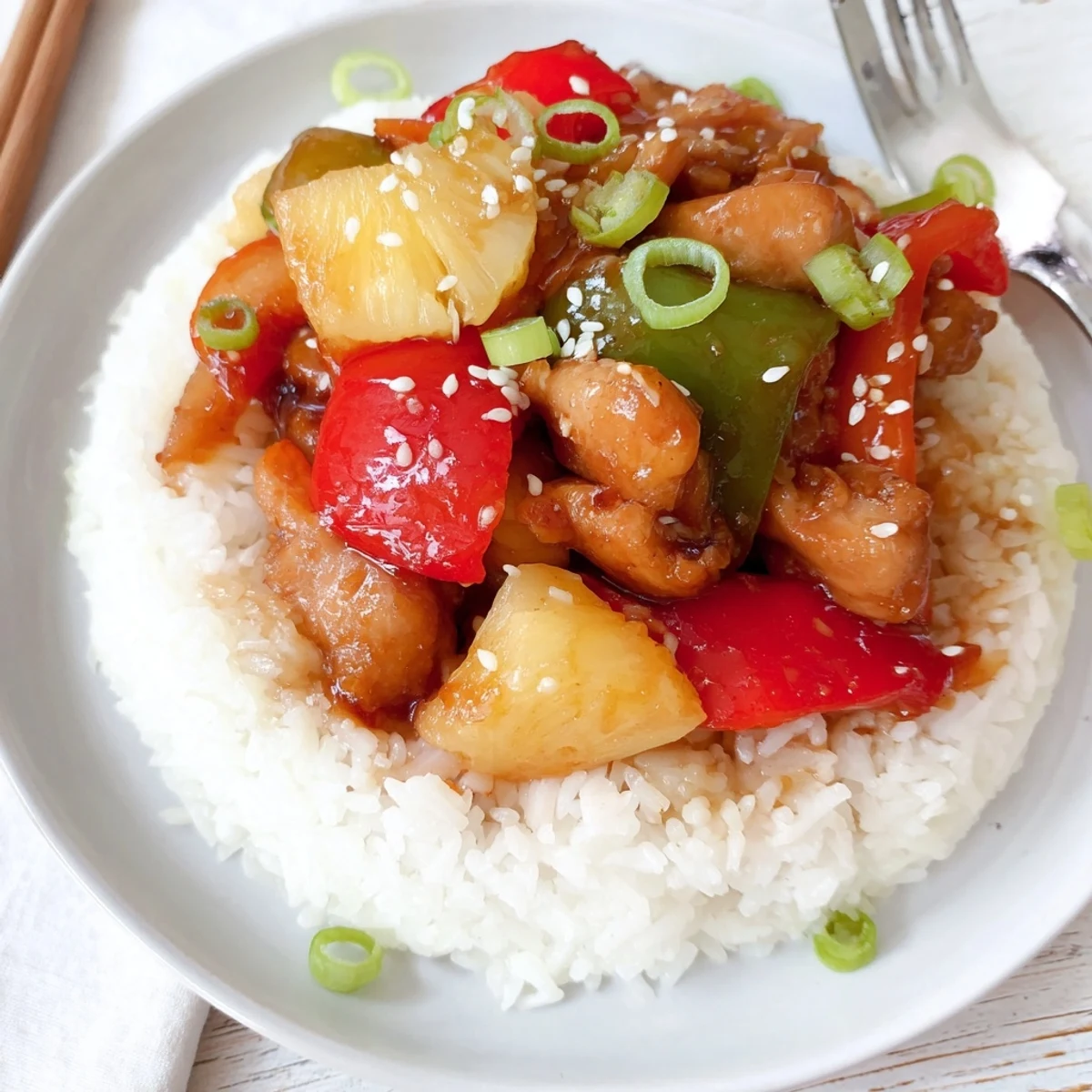 A glossy Sweet Hawaiian Crockpot Chicken bubbling with pineapple and peppers.