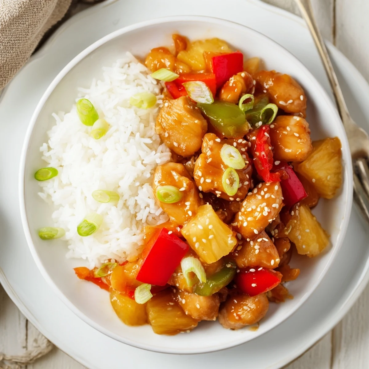 Fork-tender Sweet Hawaiian Crockpot Chicken served over steaming jasmine rice, topped with sesame.