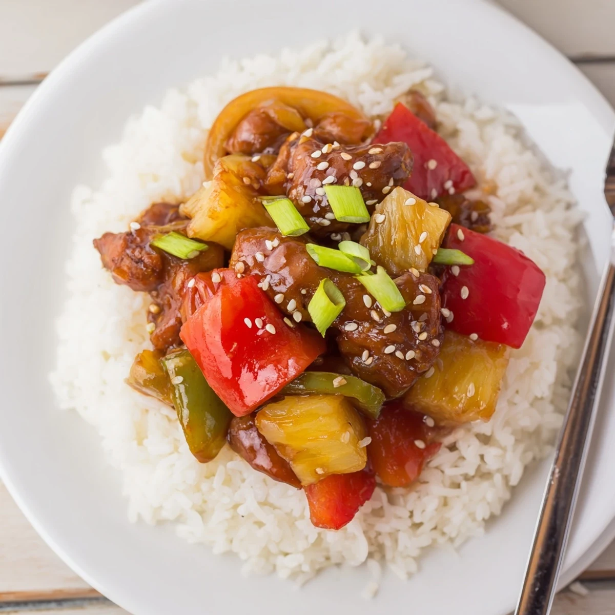 Slow-cooked Sweet Hawaiian Crockpot Chicken studded with caramelized pineapple and scallions.