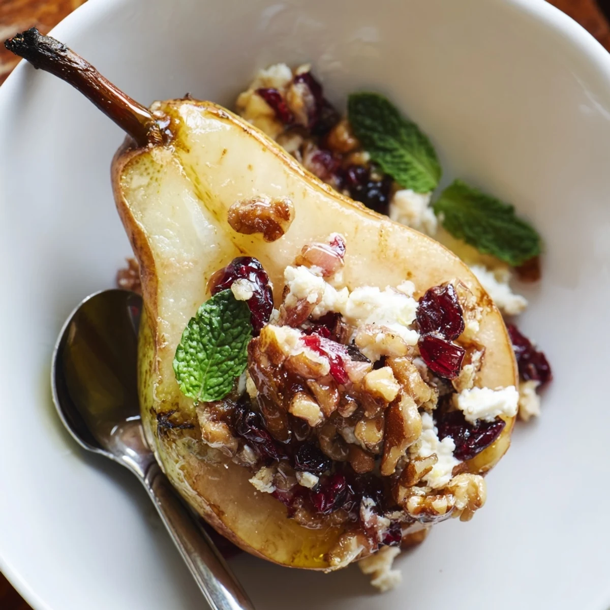 Baked Pears With Feta Honey Cranberries, warm and caramelized, drizzled with honey