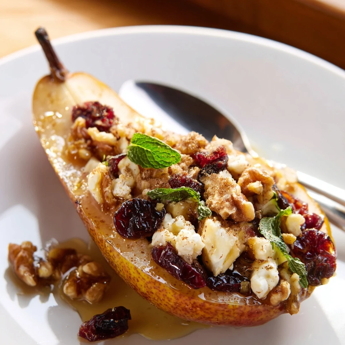 Sliced serving of Baked Pears With Feta Honey Cranberries, warm and fragrant