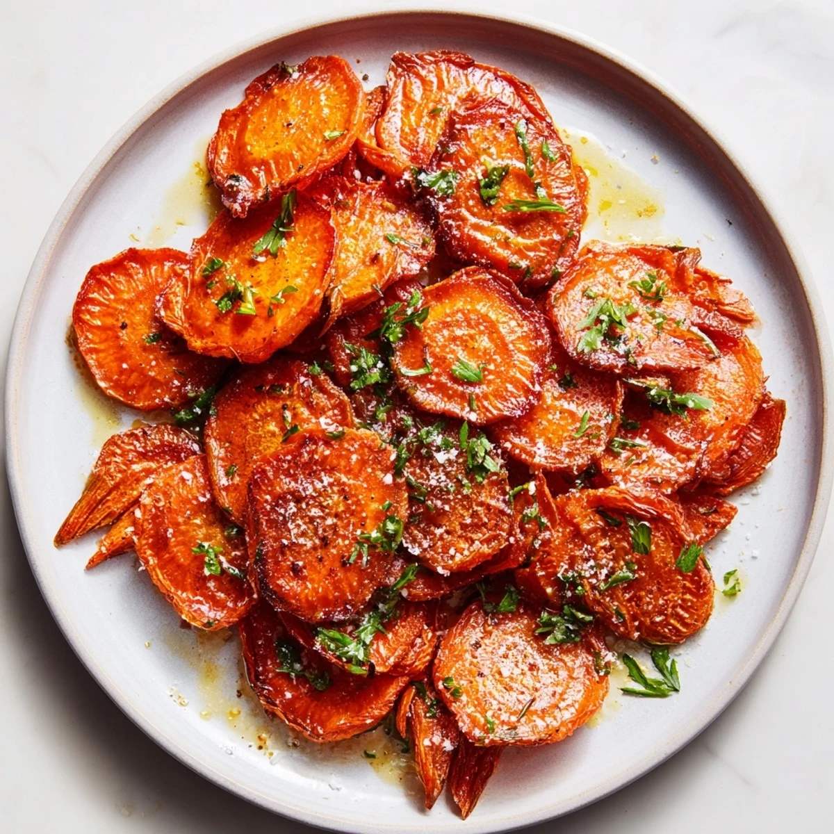 Crispy Smashed Carrots roasted until golden, caramelized edges, garnished with parsley.