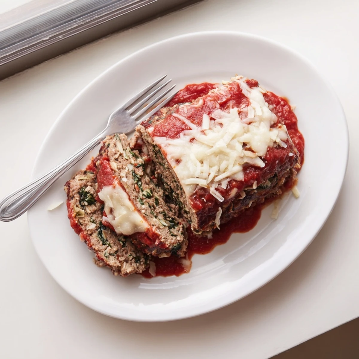 Juicy Italian spinach mozzarella meatloaf topped with marinara sauce, fresh basil, and a sprinkle of parmesan