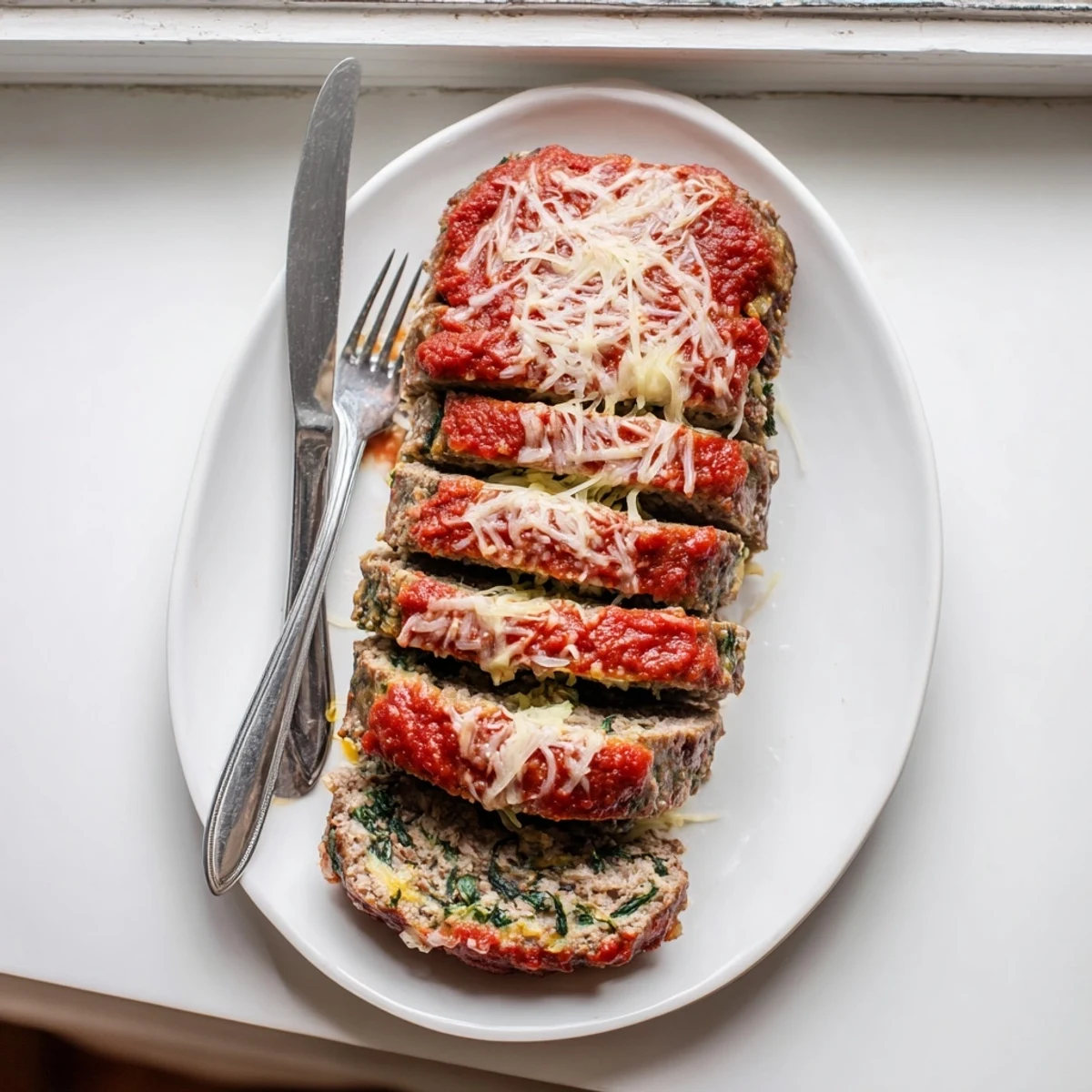 Golden brown Italian spinach mozzarella meatloaf sliced to reveal melted cheese and vibrant green spinach throughout