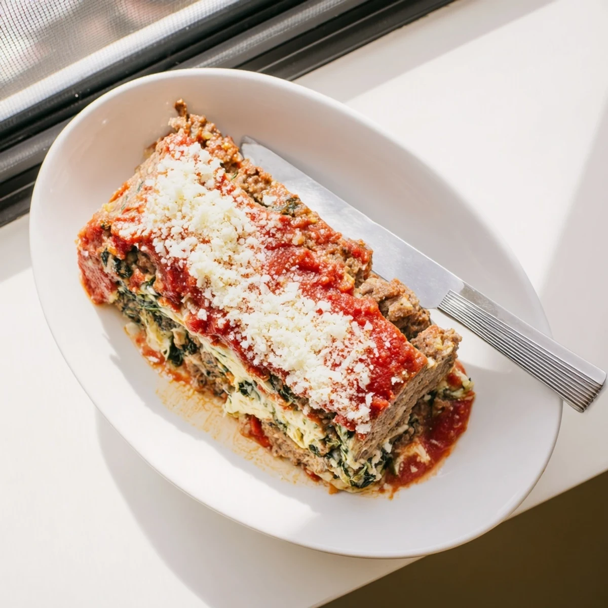 Savory Italian spinach mozzarella meatloaf resting on a wooden board, ready for family dinner with roasted vegetables