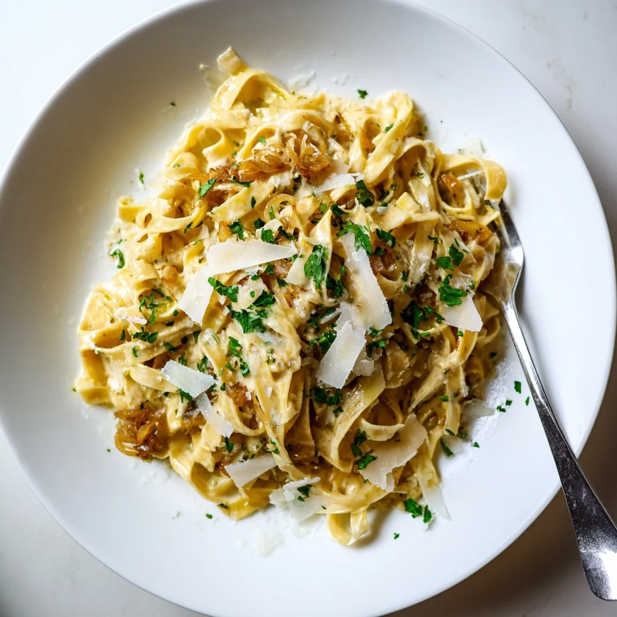 Creamy fettuccine pasta with deeply caramelized onions swimming in a luxurious Parmesan white sauce