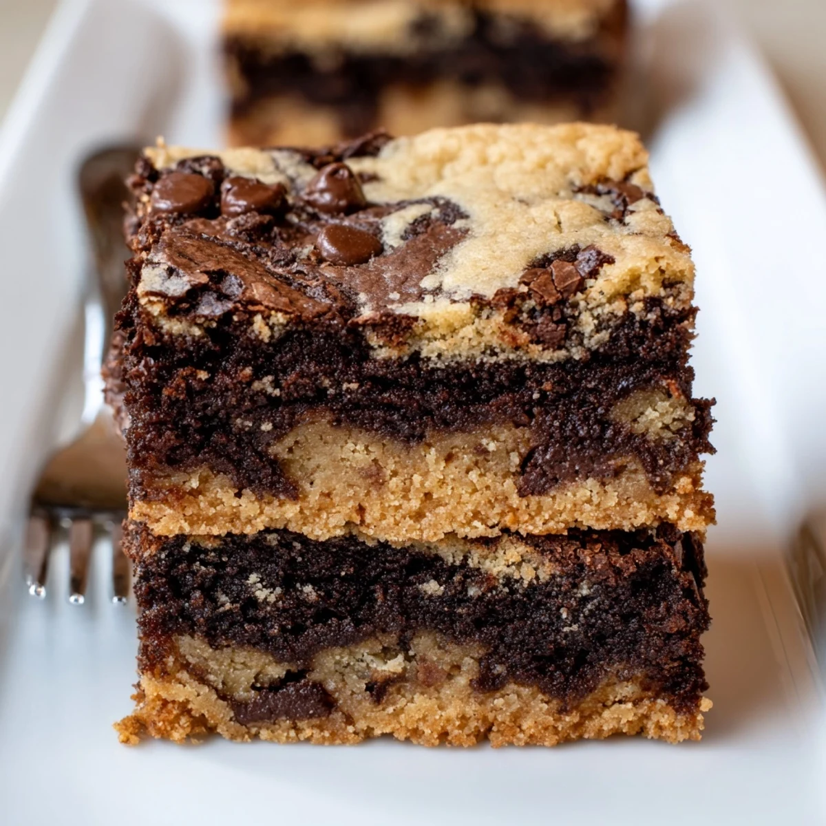 Square slices of fudgy chewy brookies displaying rich dark brownie and golden cookie marble texture