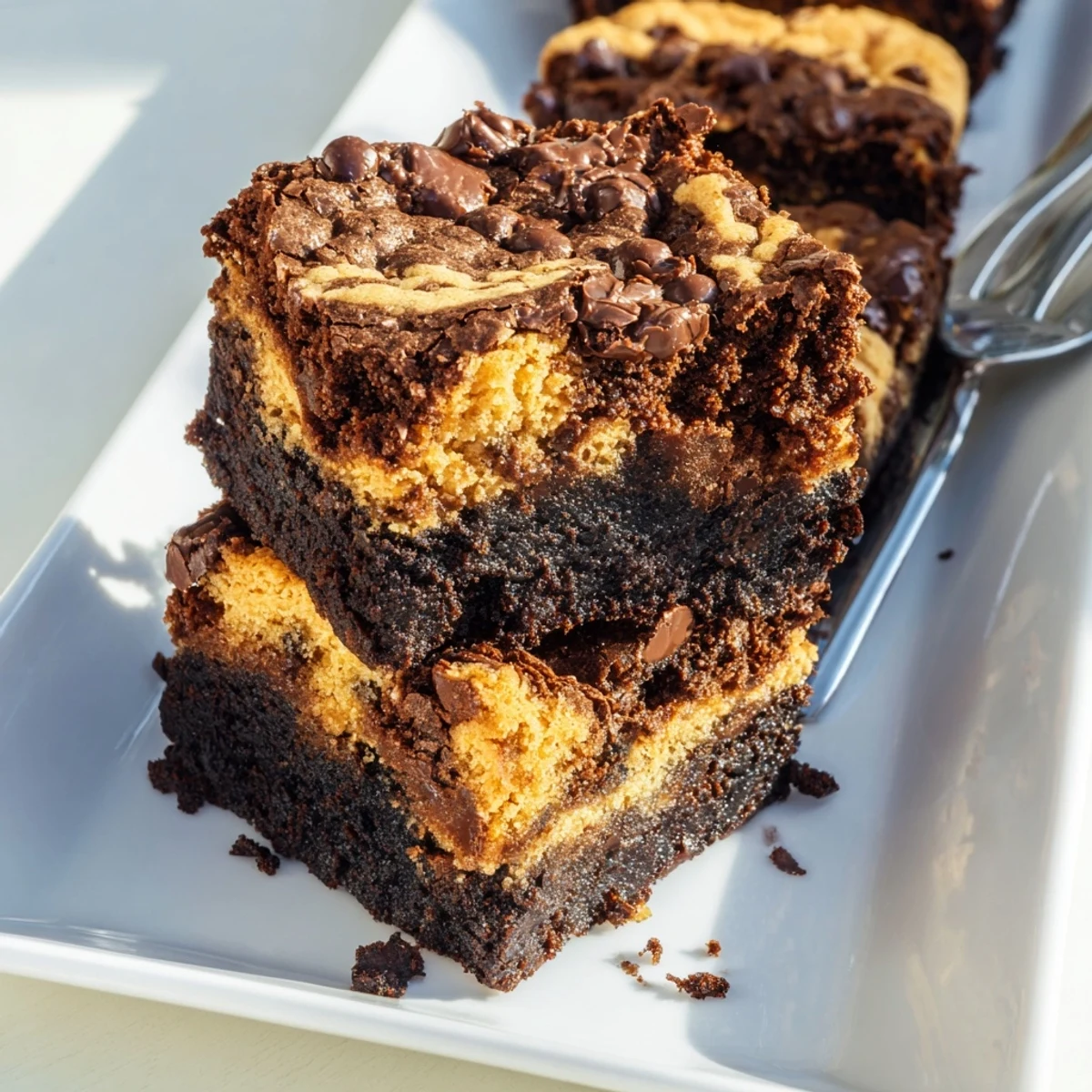 Freshly baked fudgy chewy brookies with swirled chocolate layers and melted chocolate chips on top
