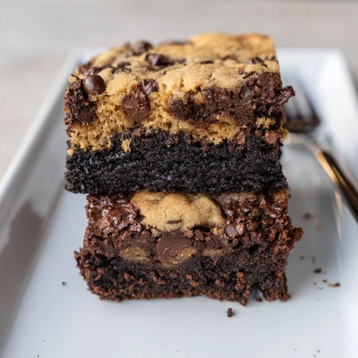 Homemade fudgy chewy brookies cut into squares showcasing the perfect brownie cookie combination with visible chocolate chips
