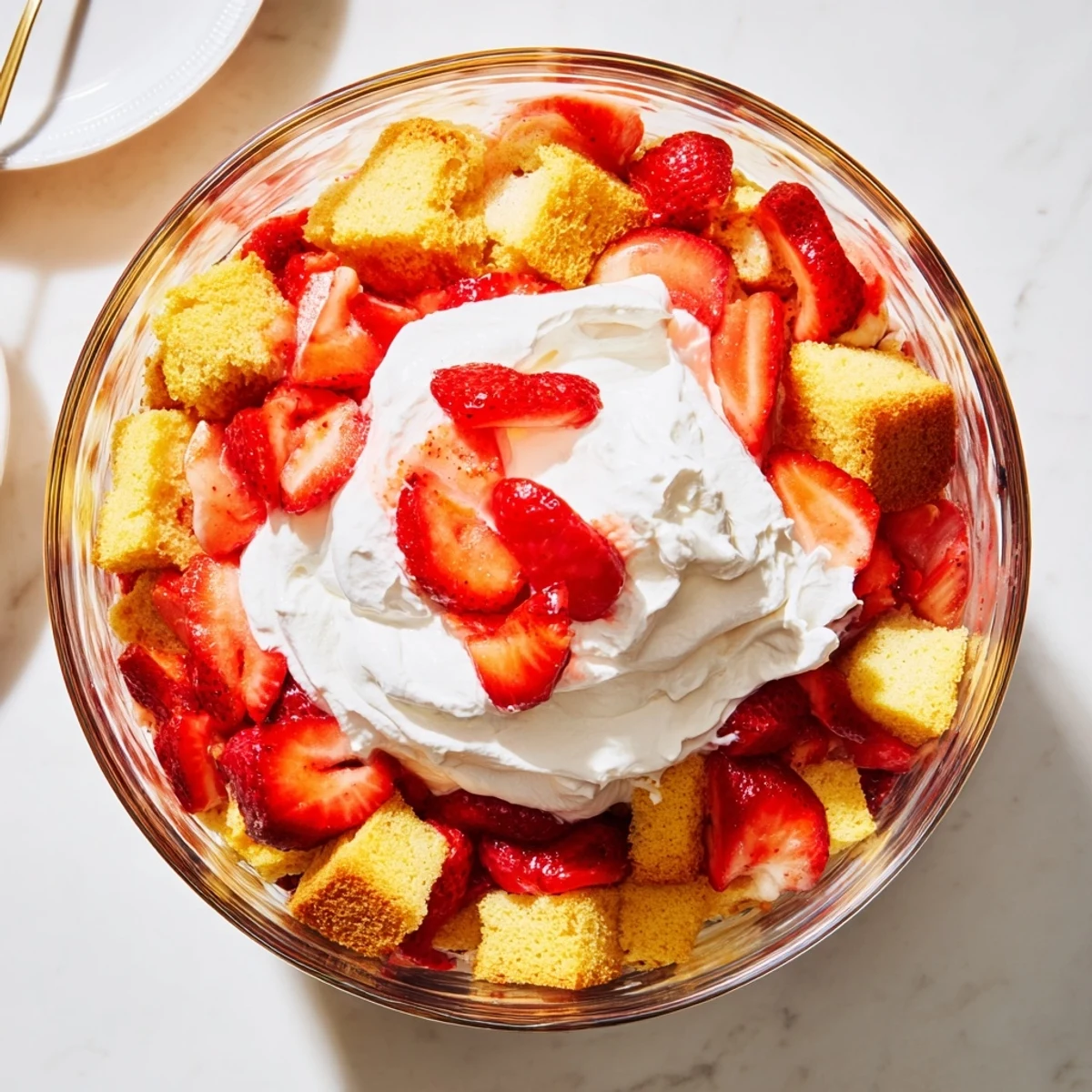 Layered strawberry shortcake trifles showcase golden cake cubes, macerated berries, and fluffy whipped cream in clear glasses