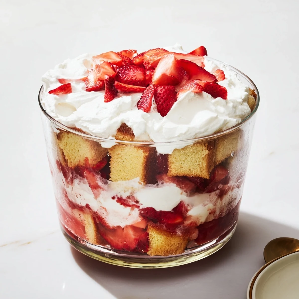 Elegant strawberry shortcake trifles feature tender buttery shortcake topped with sweet juicy strawberries and vanilla cream