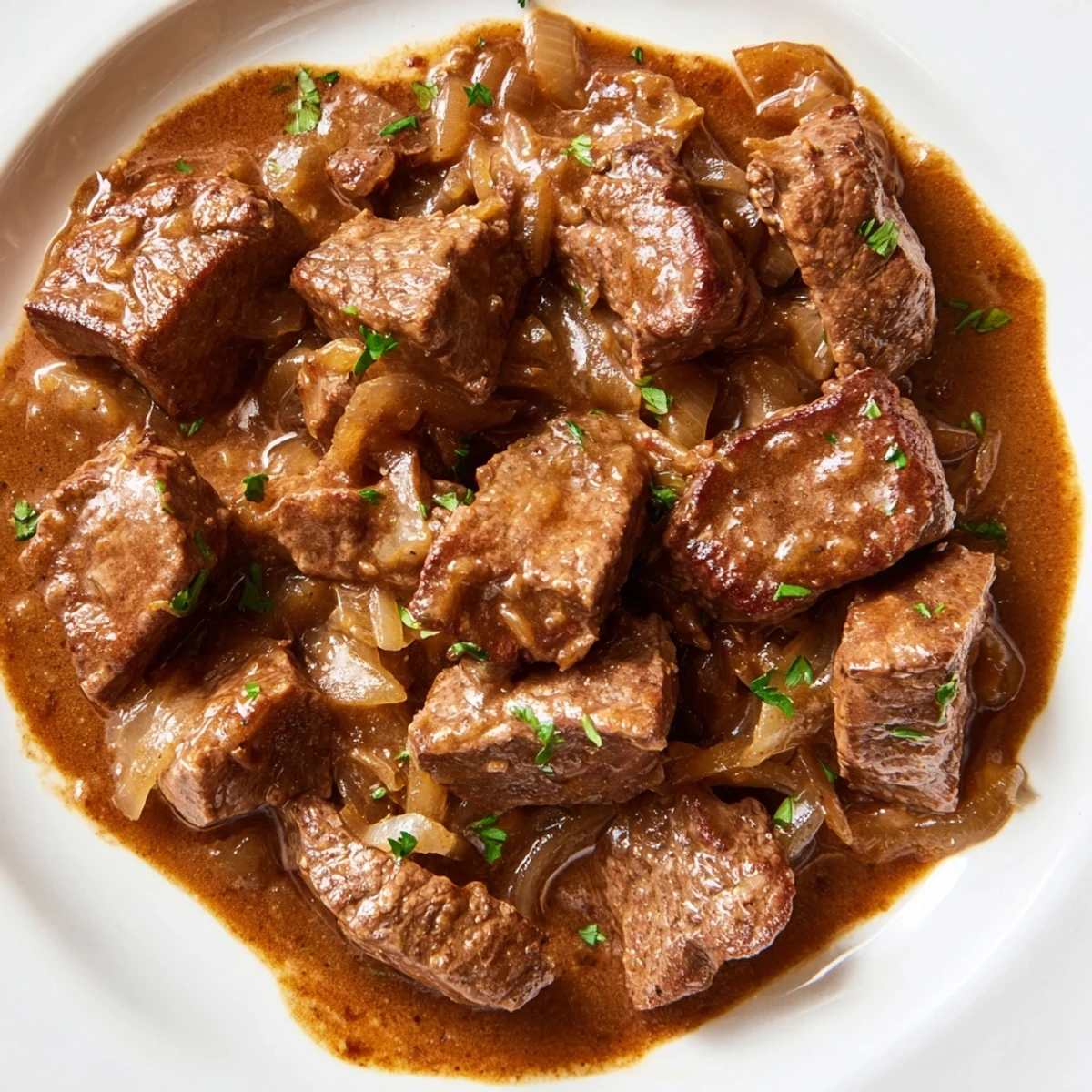 Golden brown country style smothered cube steak swimming in rich onion gravy over mashed potatoes
