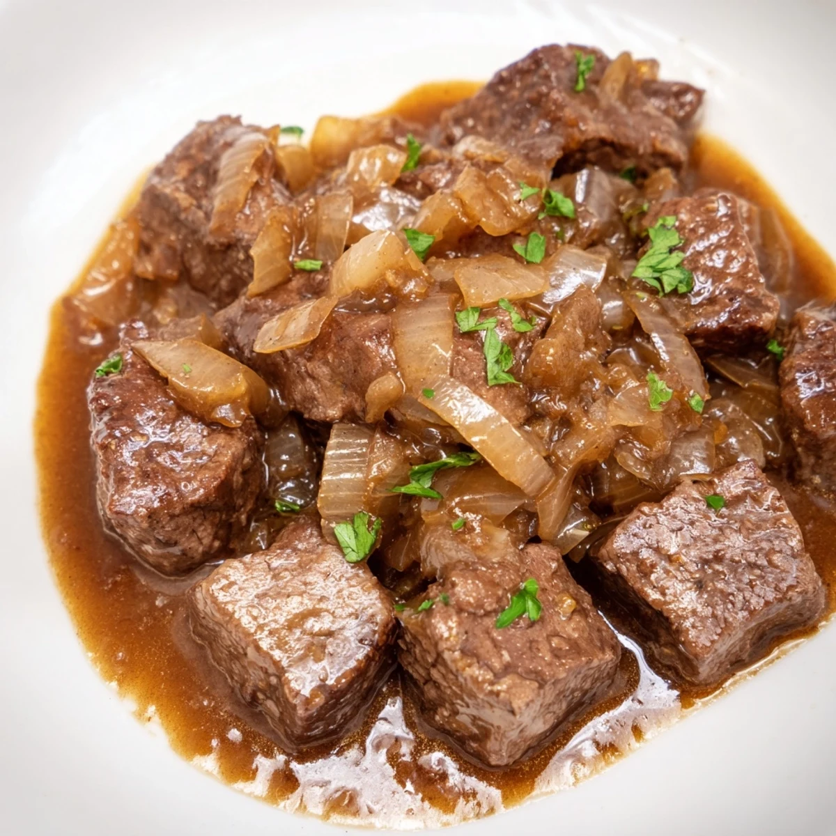 Tender pan-fried cube steak smothered in savory brown onion gravy with fresh parsley garnish