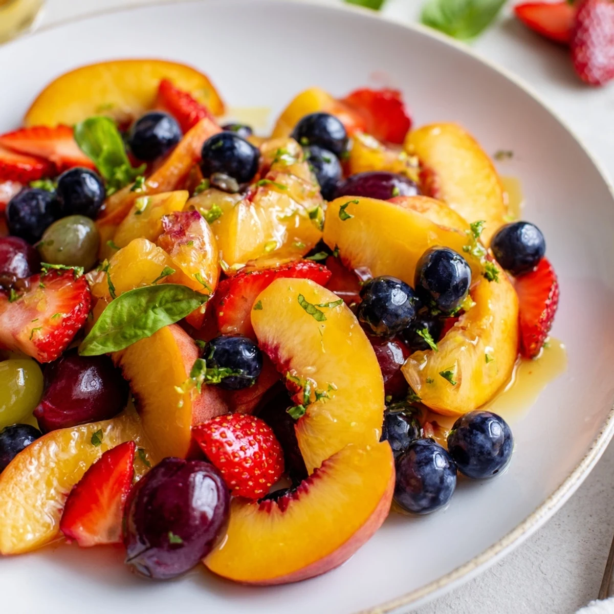 A bowl of Honey Lime Basil Peach Fruit Salad brightens summer picnic tables