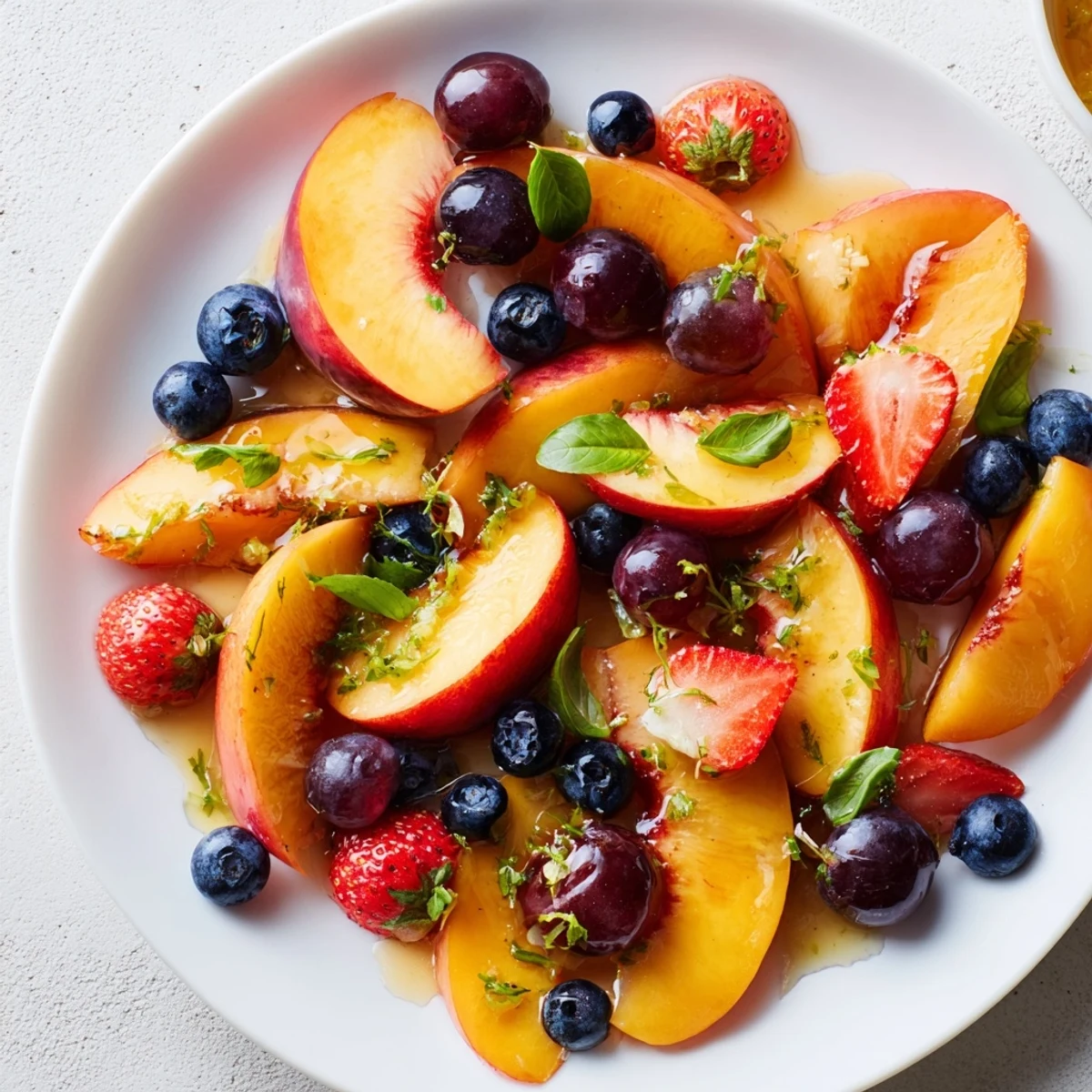 Bright chilled Honey Lime Basil Peach Fruit Salad tossed with honey-lime dressing