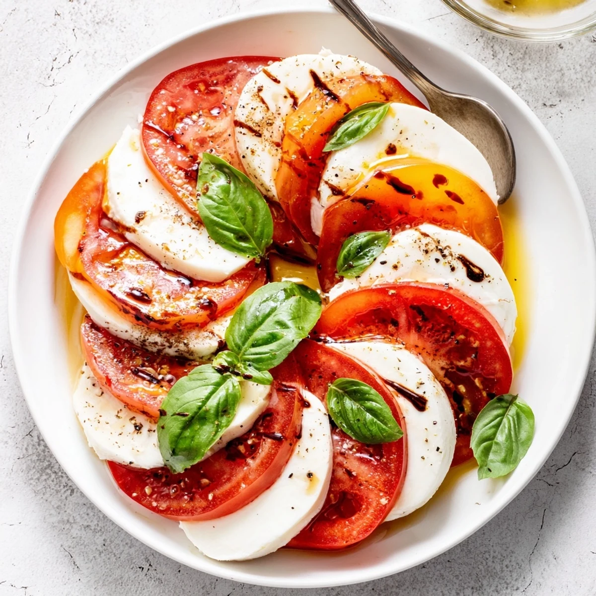 Bright Caprese Salad Ultimate Recipe drizzled with olive oil and balsamic glaze.