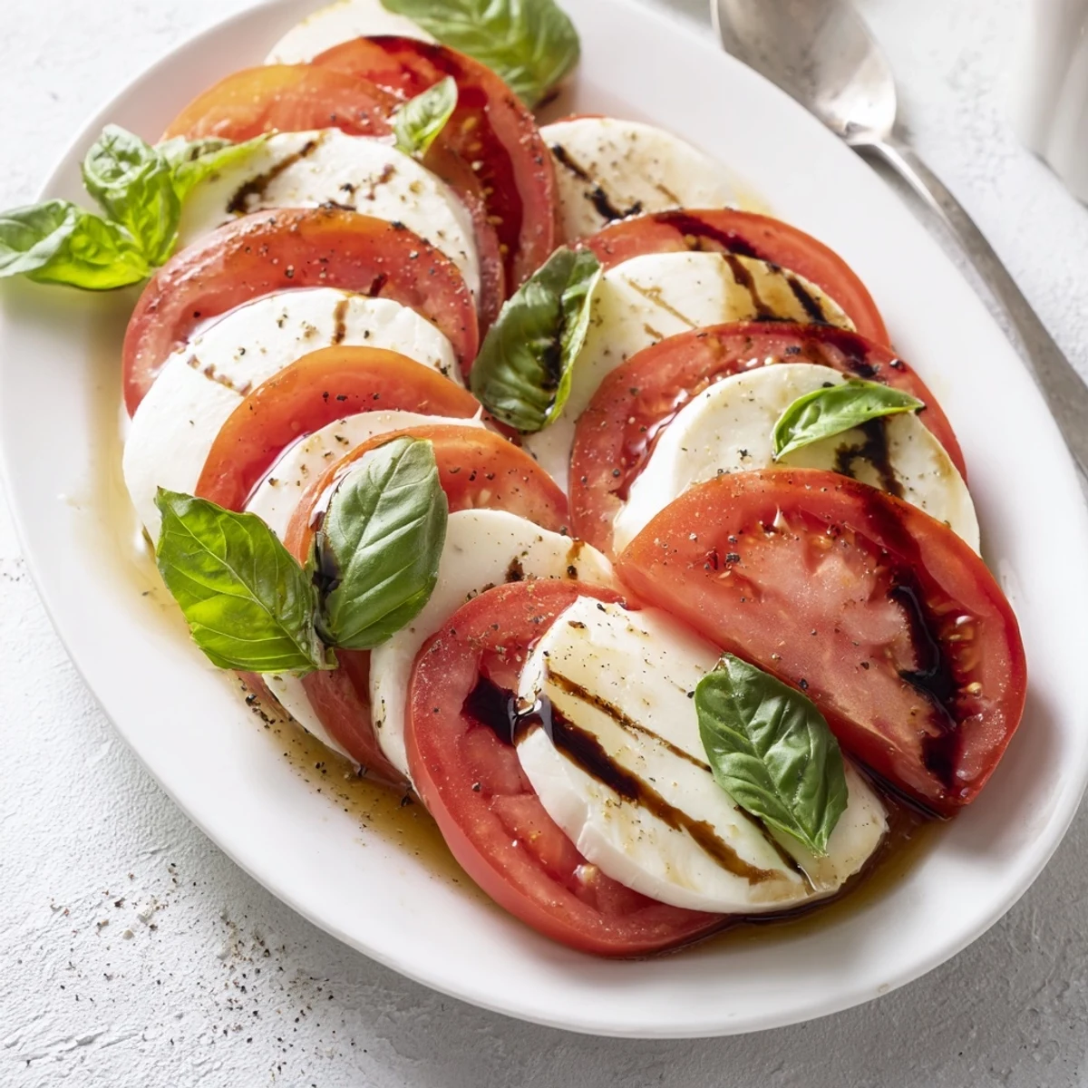 Simple Caprese Salad Ultimate Recipe layered on platter, seasoned with flaky sea salt.