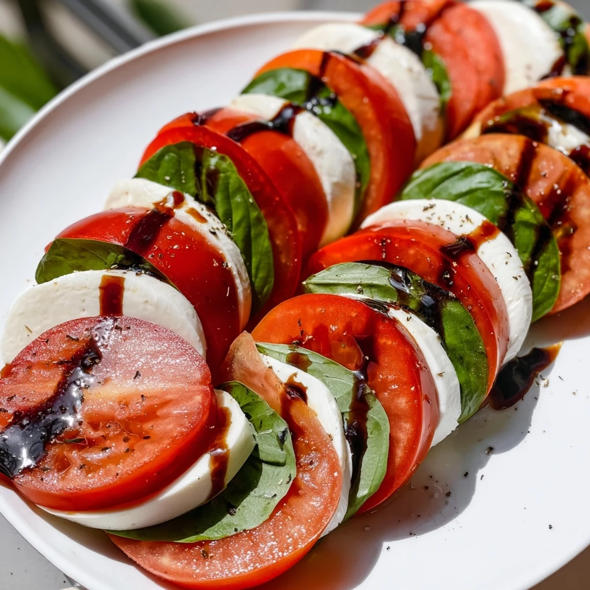 Caprese Salad Recipe with juicy tomatoes, creamy mozzarella, basil, glossy balsamic drizzle.
