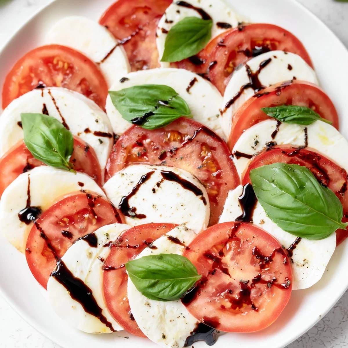 Bright Caprese Salad Recipe arranged on platter, fragrant basil and sea salt.