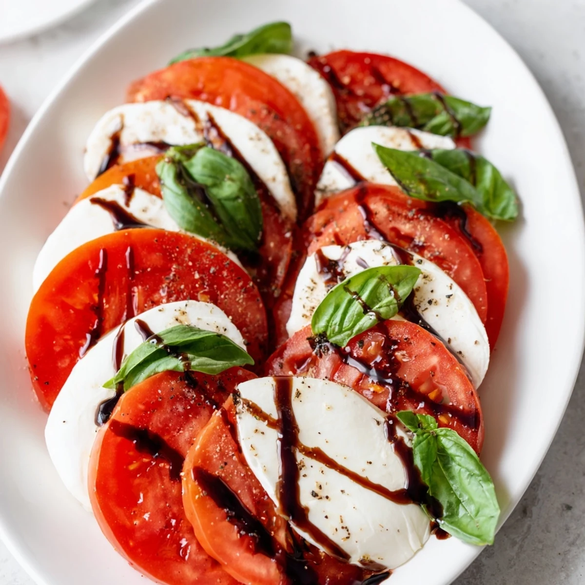 Simple Caprese Salad Recipe served immediately, olive oil sheen and peppery bite.